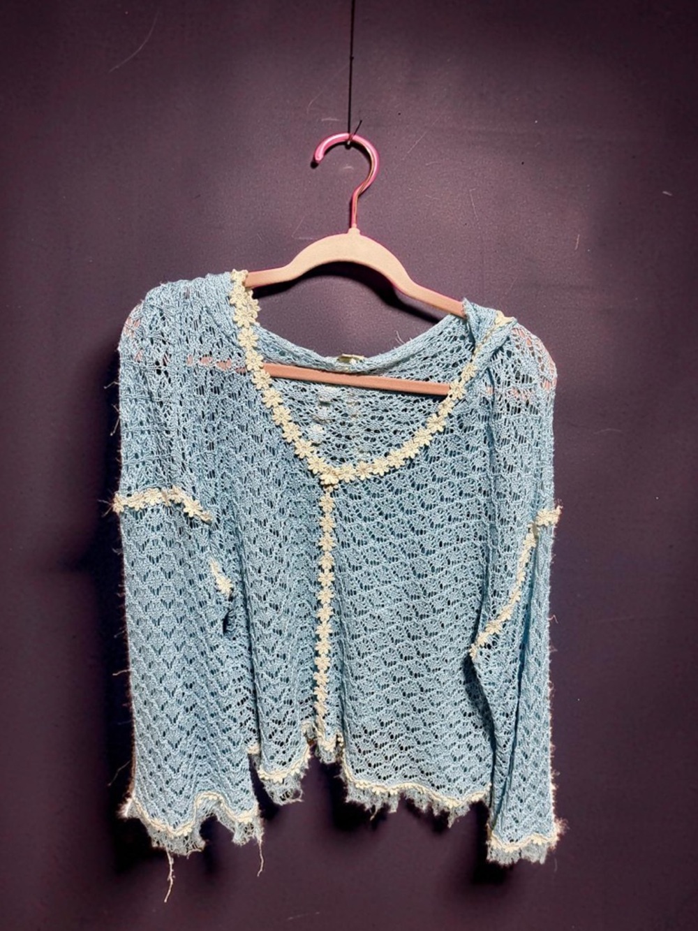 POL Light Blue Open-Knit Cardigan with Cream fFlower Trim, and hood. Sz S  NWOT